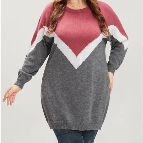 BloomChic Colorblock Contrast Pointelle Knit Round Neck Mid Long Knit Top - Picture 4 of 7